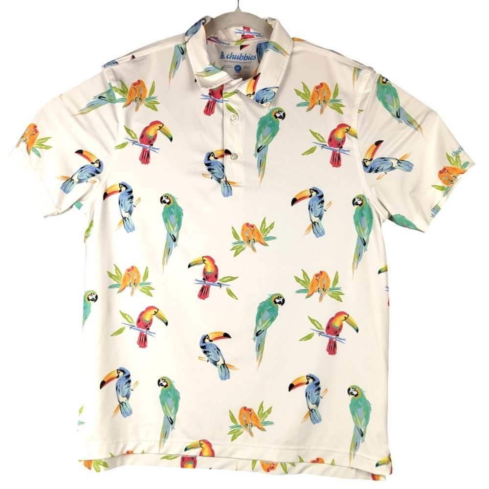 CHUBBIES Golf Dude Where's Macaw Parrot White Polo Shirt Men's M Performance